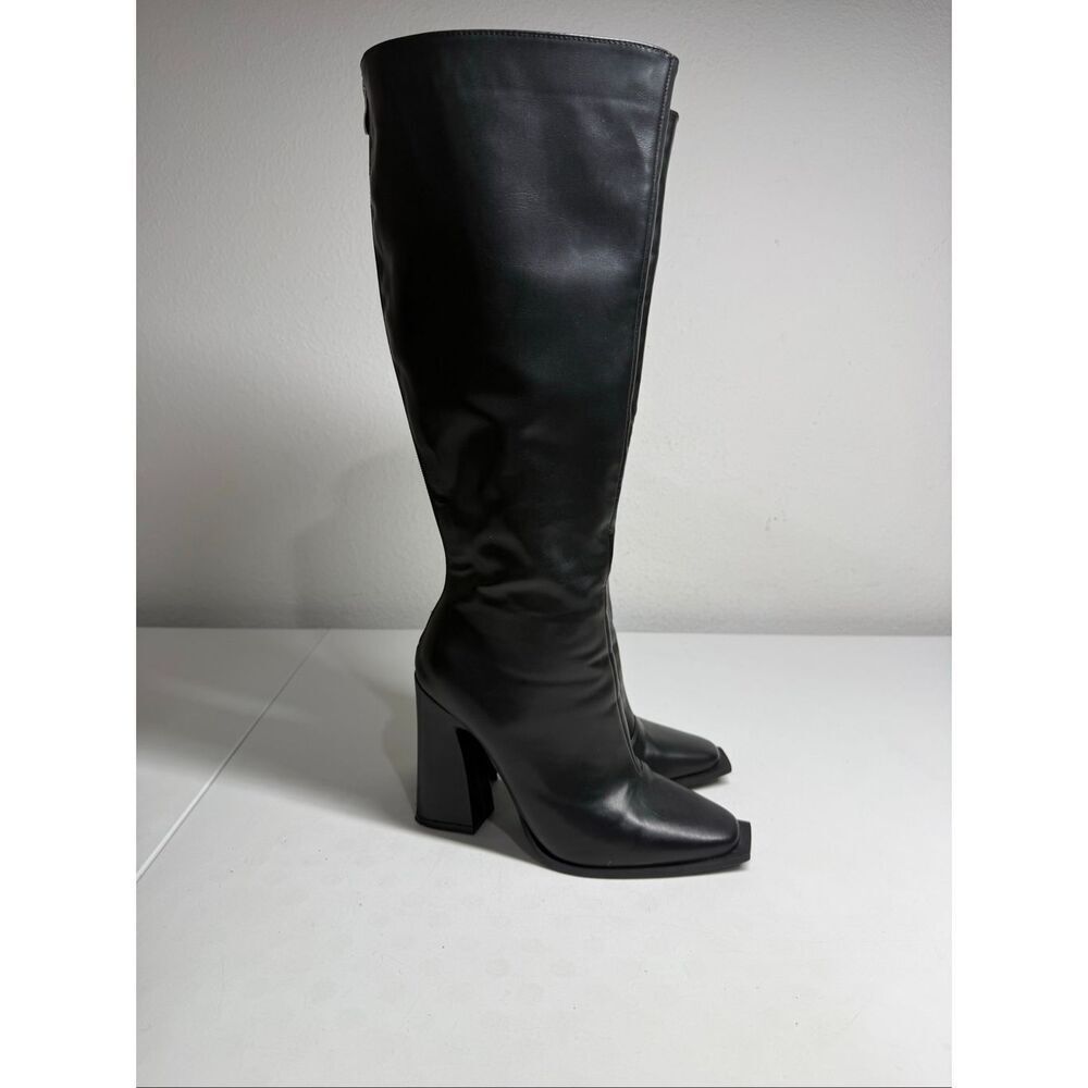 Black Faux Leather Knee High Boots Square Toe Block Heel Back Zip Sz 4